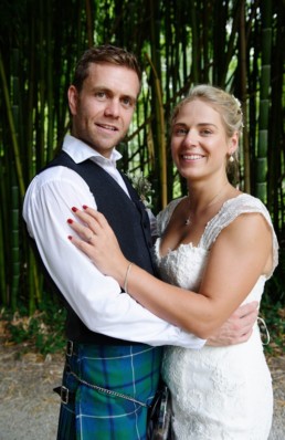 Wedding portrait of Bobby and James in the bamboo wood at Chateau La Gauterie France