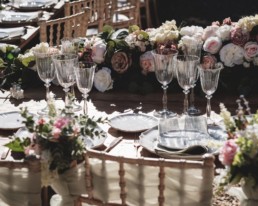 Elegant wedding to table-scape with dusky pink, white and sage floral table runner